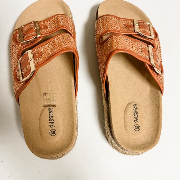 Brown Raffia Woven Two Strap Platform Espadrille Platform Sandals Size 8.5 - Picture 3 of 7